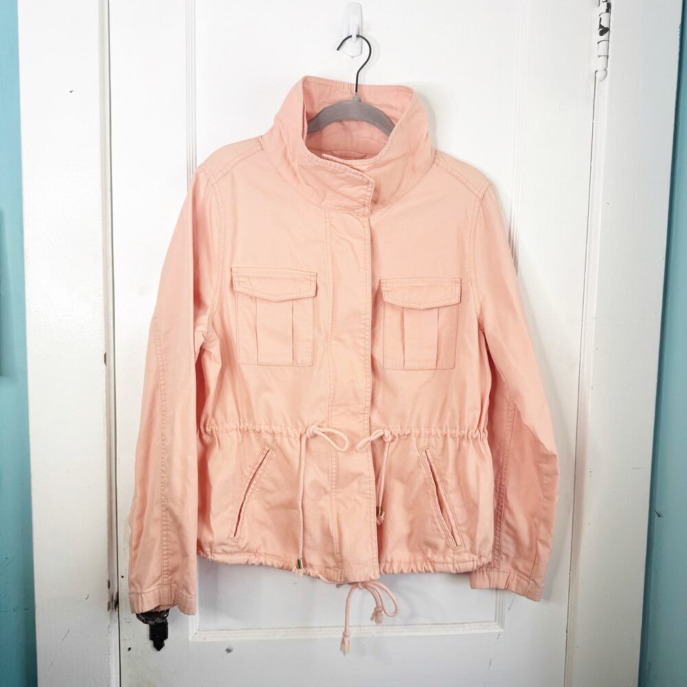 Old Navy ON Peach Field Utility Jacket Funnel Neck Gold Buttons Cinched Waist L